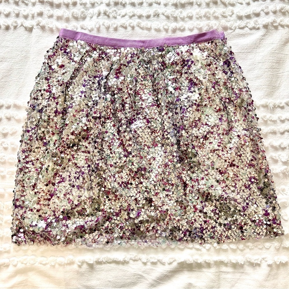 J CREW Unicorn Mermaid Silver Purple Fete Sequin Mini Skirt Faux Wrap Size 4 - Picture 1 of 11